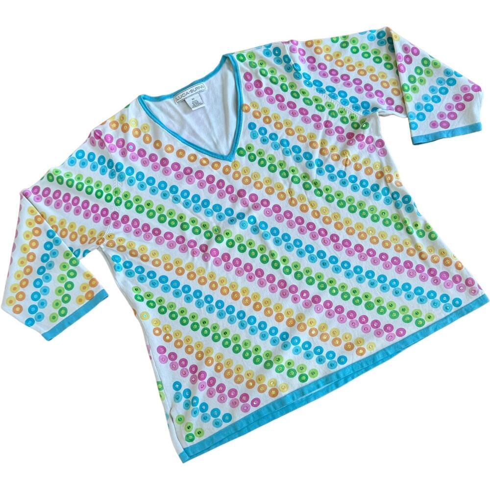 🍀Lucia Burns Womens Blouse Multicolor Geometric Long Sleeve Silk Blend Plus 3X